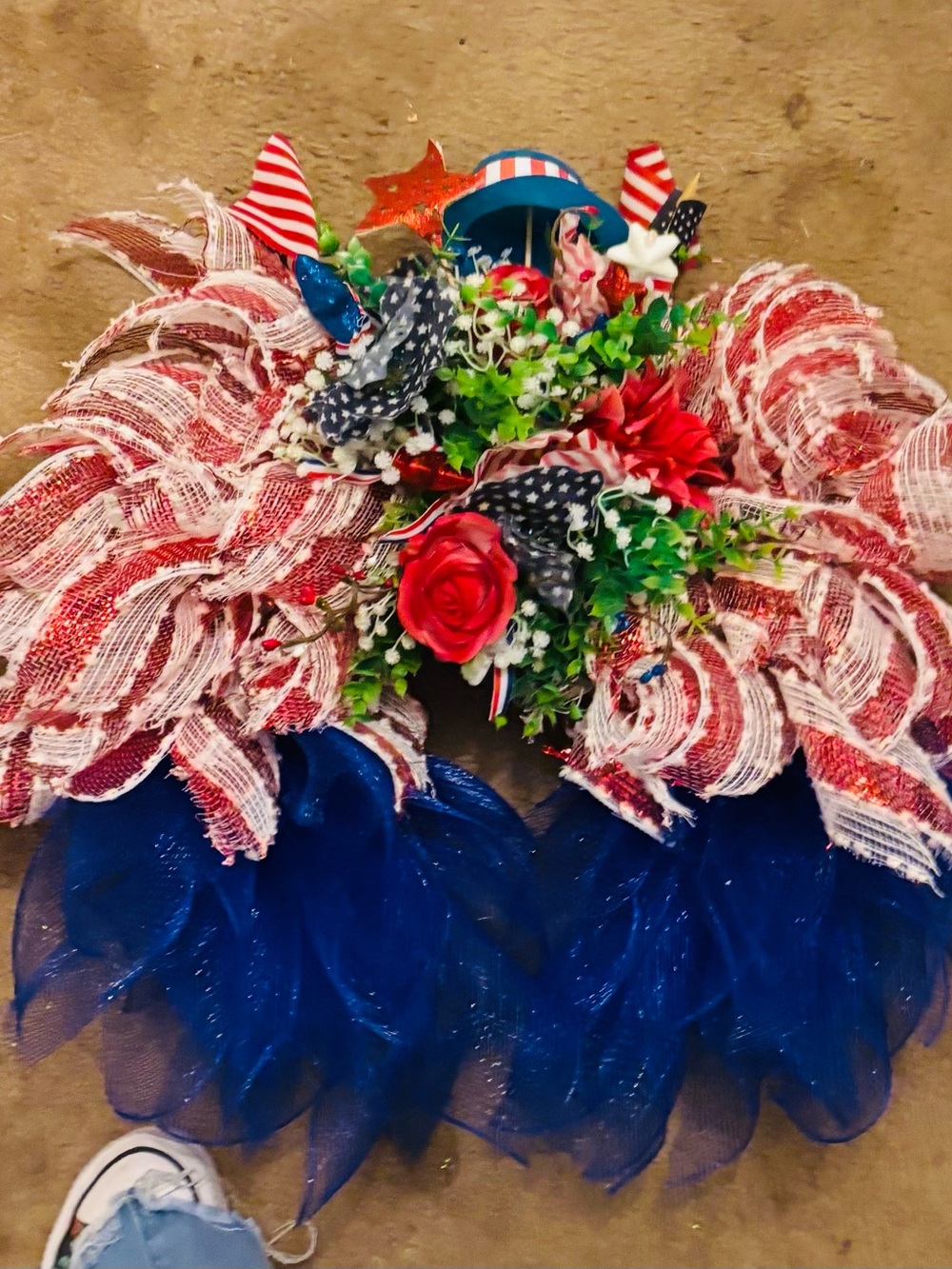 Patriotic Red White & Blue Deco Mesh Wreath